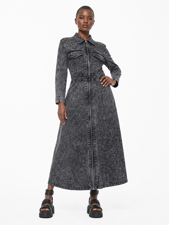 Norma Kamali Dresses & Skirts - Norma Kamali Women’s 10 Black Acid Wash Denim Maxi Coat Dress Runway Vogue